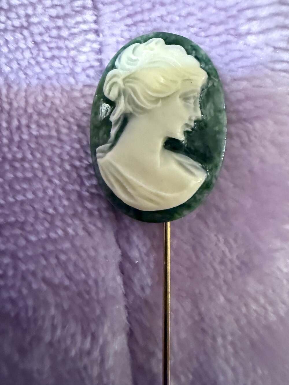 Vintage Green Stone Cameo Stick Pin
